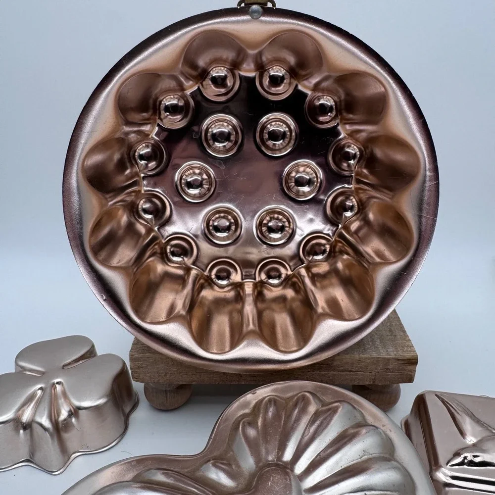 Vintage Copper Aluminum Jello Mold Set Heart Shamrock Bird Fluted 4pc Kitchen